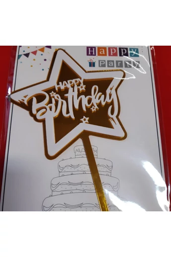 Tortadísz műanyag sziluett beszúró - HAPPY BIRTHDAY - arany-fehér csillag 9 cm Tortadísz műanyag sziluett beszúró - HAPPY BIRTHDAY - arany-fehér csillag 9 cm