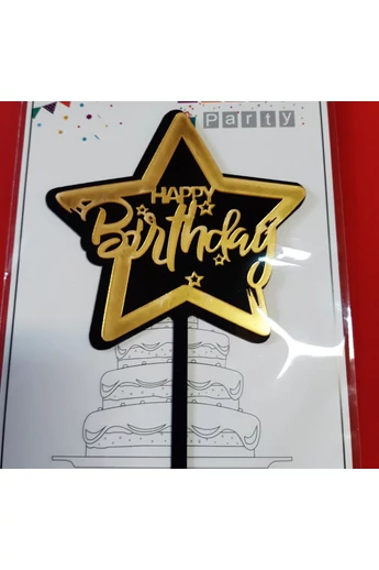 Tortadísz beszúró "Happy Birthday!" fekete-arany csillag Tortadísz beszúró "Happy Birthday!" fekete-arany csillag