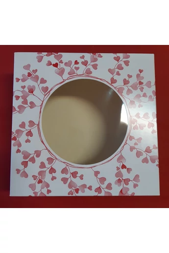 Süteményszállító doboz, ablakos, 23x23x8 cm.