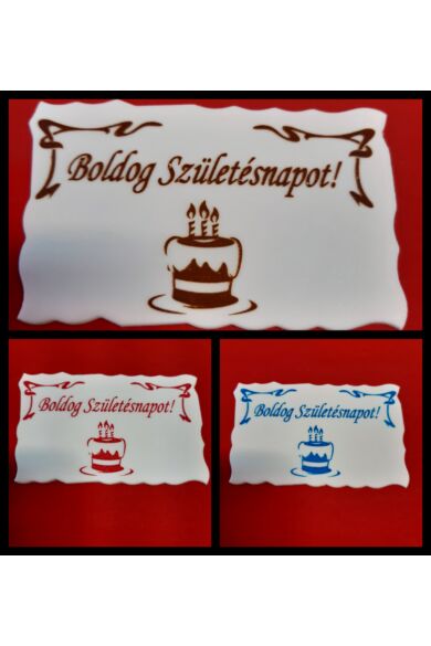 Cukortábla felírás Boldog Születésnapot tortás vegyes /piros, kék, barna/ 5,5 x 9 cm 50 db/doboz